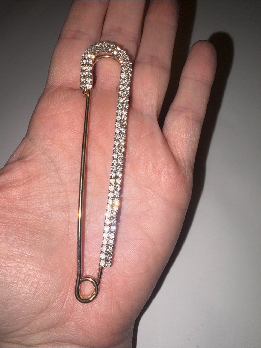 Y2K Oversized Rhinestone Safety Pin Brooch Gold Tone Crystal Statement Pin 4”